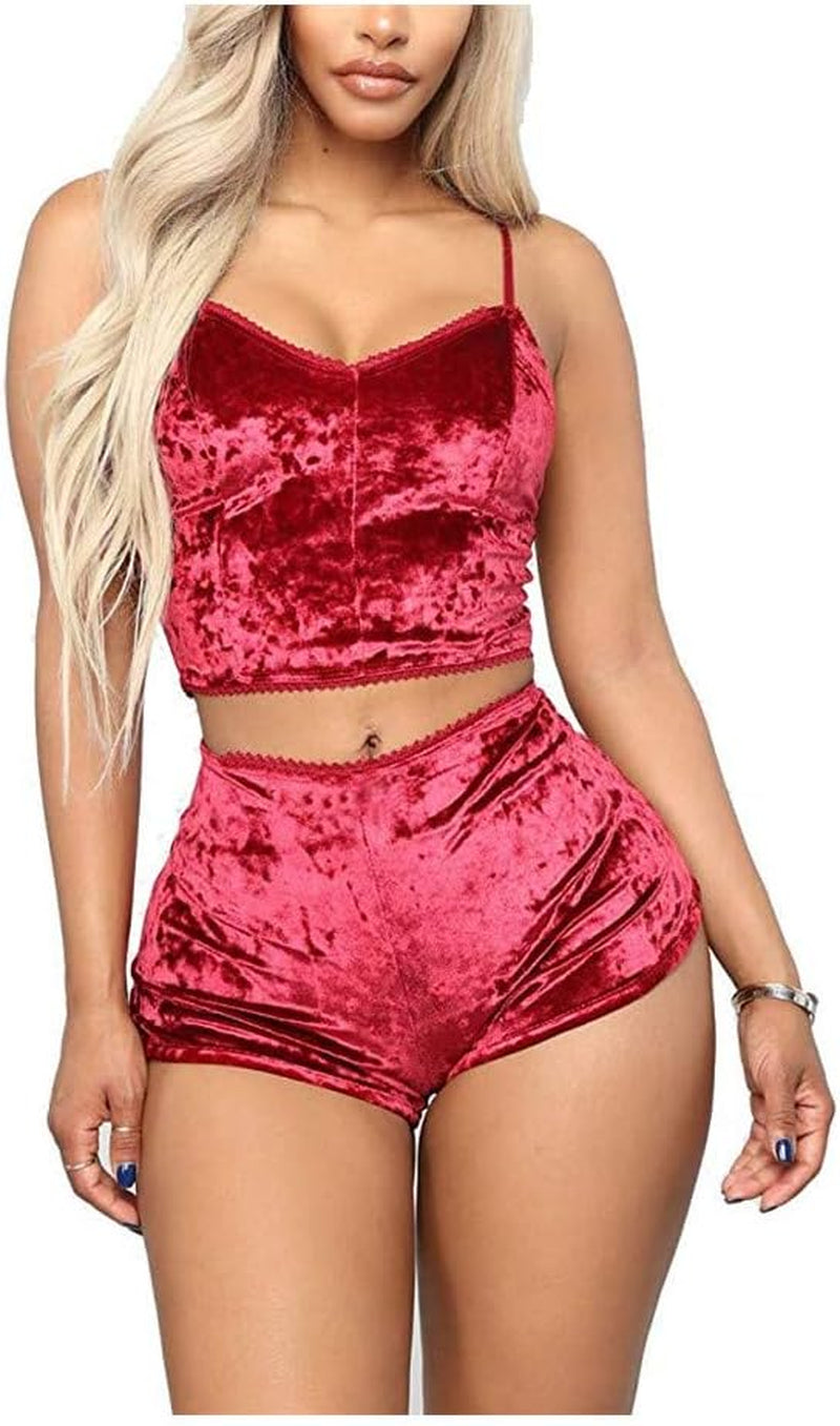 Women'S Velvet 2 Piece Outfit Spaghetti Strap Sleeveless Crop Top Camisole and Shorts Pajamas Set Sleepwear Nightwear
